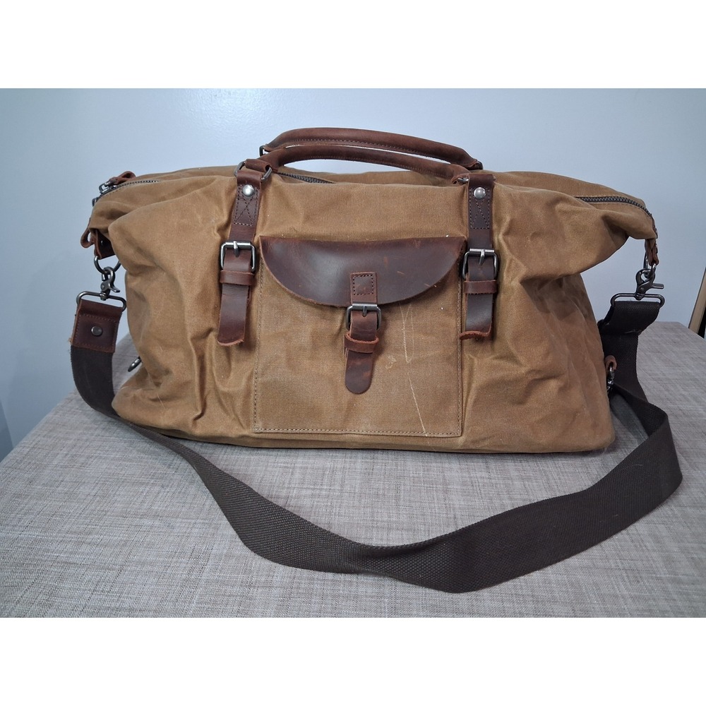 Newhey Waxed Canvas Leather Trim Duffel Bag Tan Brown Weekender Travel Bag